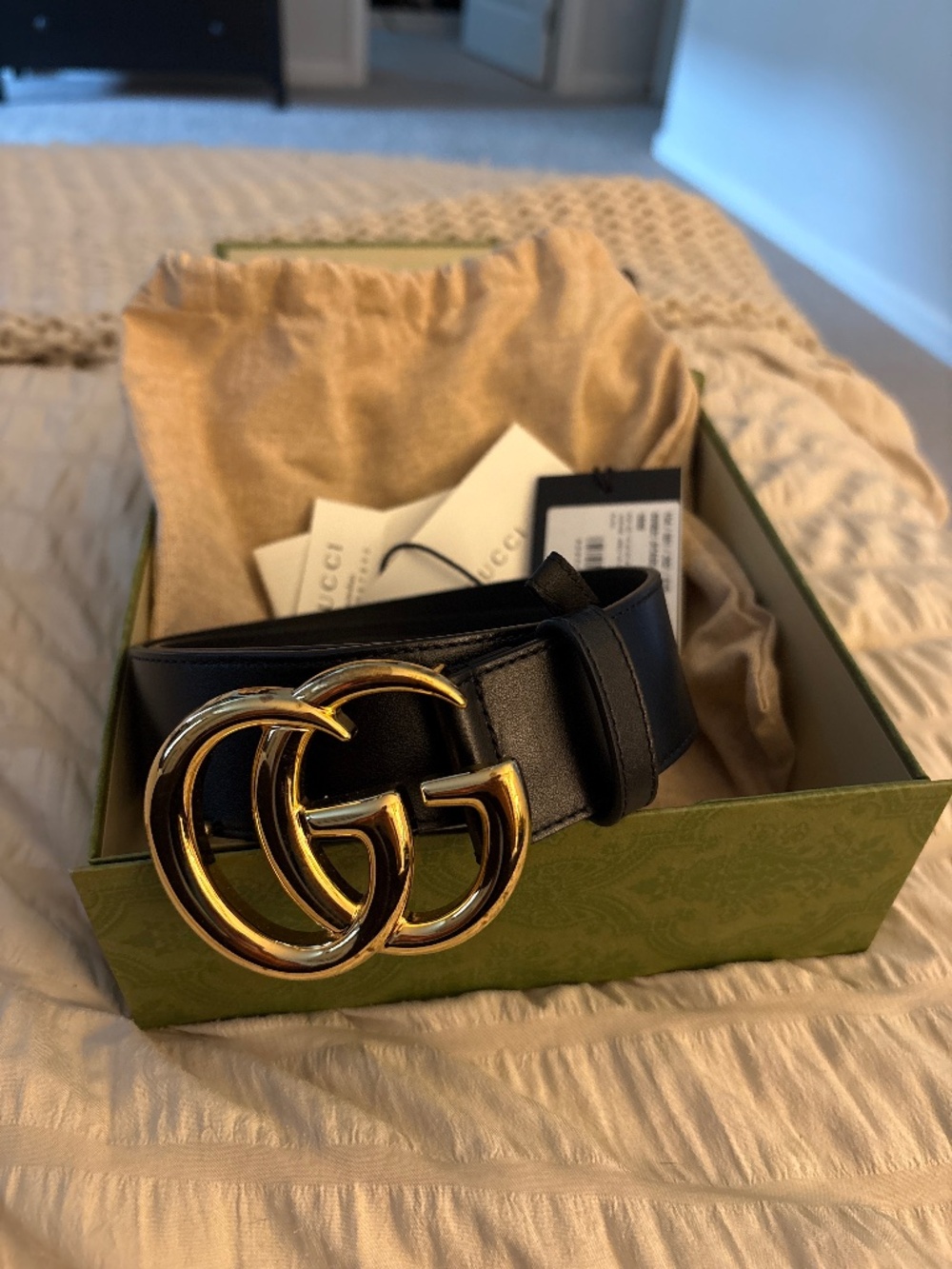 GG Marmont wide leather belt with shiny buckle